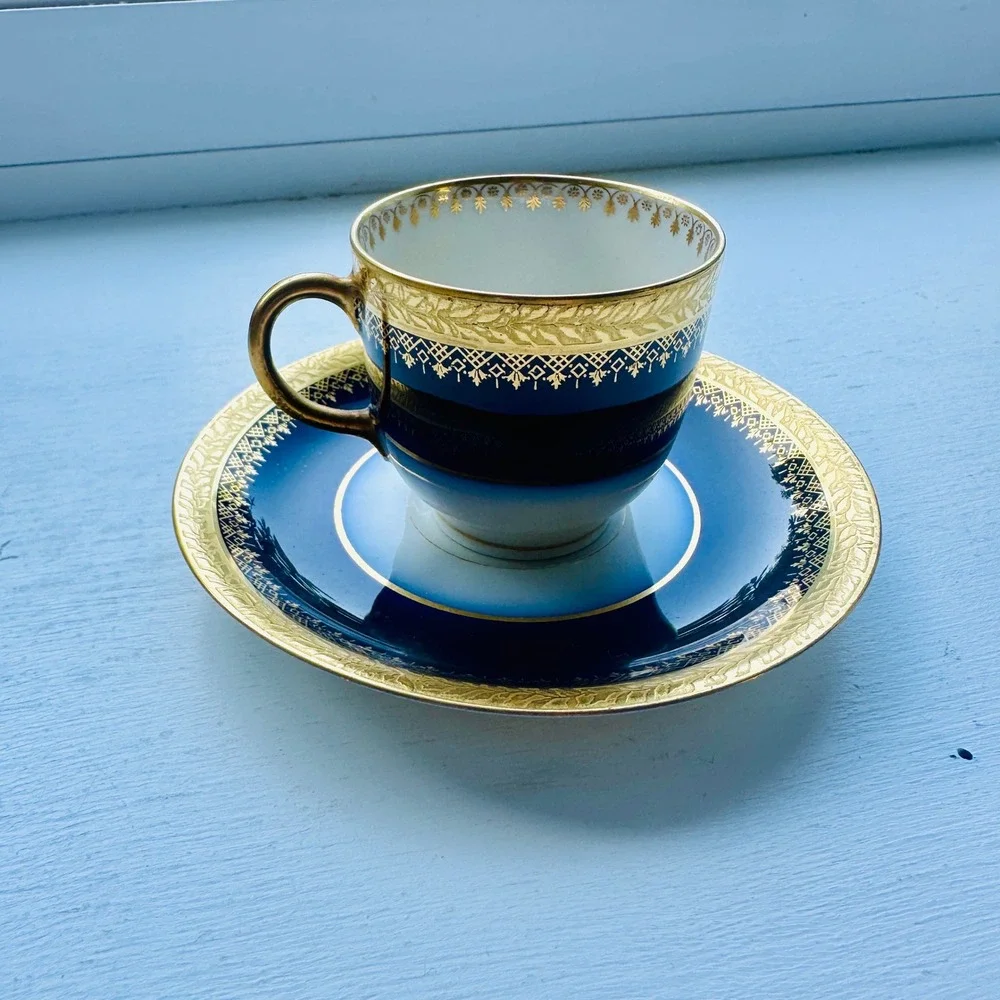 J Pouyat Limoges Cobalt Blue Gold Encrusted Tea Cup and Saucer Set France